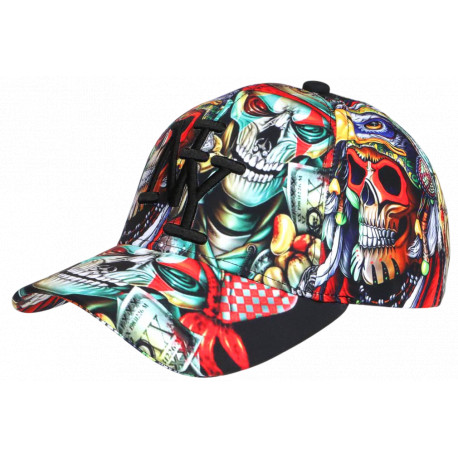 Casquette Tête de Mort Rouge et Verte Streetwear NY Baseball Skull CASQUETTES Hip Hop Honour