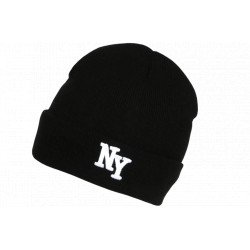 Bonnet NY Noir et Blanc en Laine à revers Doublure Polaire Aurora BONNETS Nyls Création