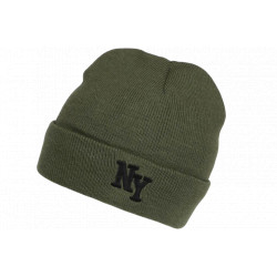 Bonnet NY Vert et Noir en Laine à revers Doublure Polaire Aurora BONNETS Nyls Création