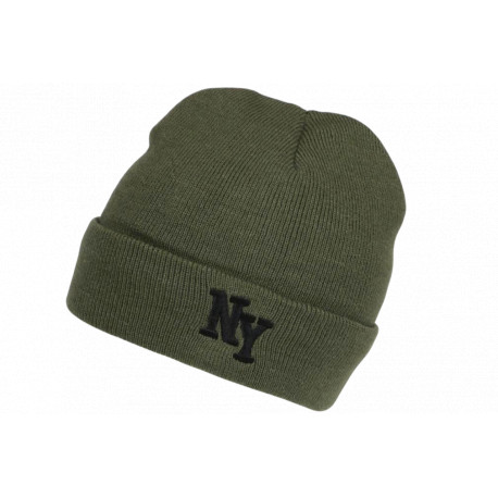 Bonnet NY Vert et Noir en Laine à revers Doublure Polaire Aurora BONNETS Nyls Création