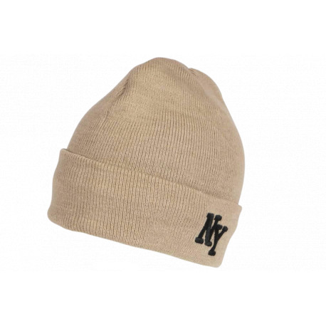 Bonnet NY Beige et Noir en Laine à revers Doublure Polaire Aurora BONNETS Nyls Création