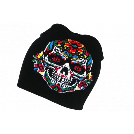 Bonnet Tête de Mort à Fleurs en Laine Noire Look Original BONNETS Nyls Création