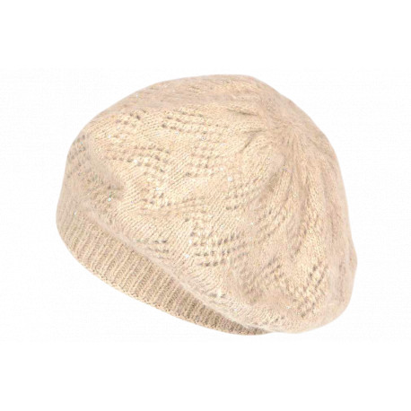 Bonnet Béret Femme Beige en Angora Pailleté Doux Tendance Angiola BONNETS Nyls Création