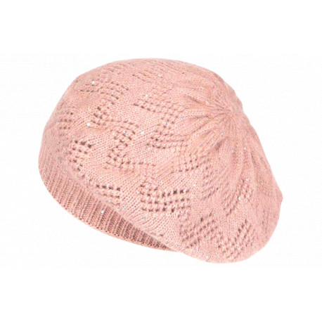 Bonnet Béret Femme Rose en Angora Pailleté Doux Tendance Angiola BONNETS Nyls Création