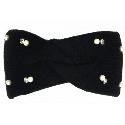 Bandeau en laine noire pour femme avec perles et cristaux Headband Hiver Merry Bandeau Nyls Création