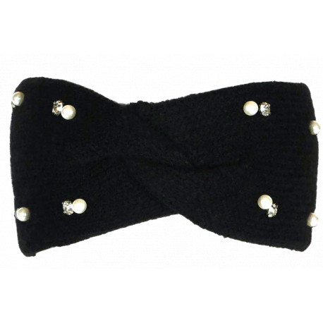 Bandeau en laine noire pour femme avec perles et cristaux Headband Hiver Merry Bandeau Nyls Création