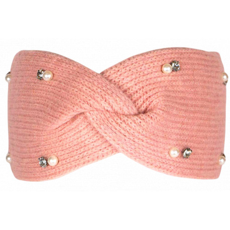 Bandeau en Laine Rose Femme avec Perles et Cristaux Headband Hiver Merry Bandeau Nyls Création