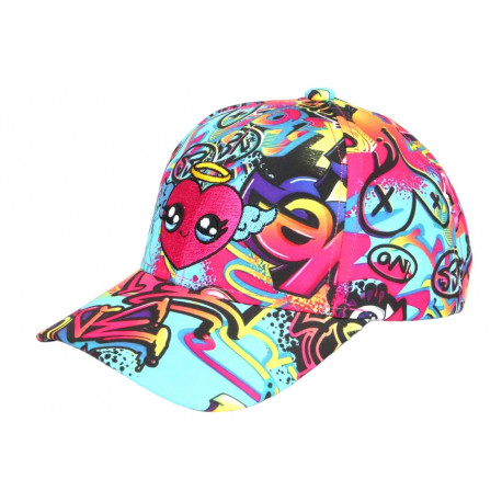 Casquette Enfant Cœur Turquoise Streetwear Graffiti - Fille Garçon 6-12 ans Réglable Casquette Enfant Hip Hop Honour