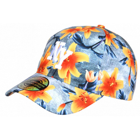 Casquette NY Fleurie Jaune et Bleue Tropicale Style Floral Tendance Aloha CASQUETTES Nyls Création
