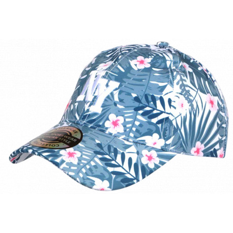 Casquette NY Fleurs Roses Tropicales Palmiers Bleus Exotiques Aloha CASQUETTES Nyls Création