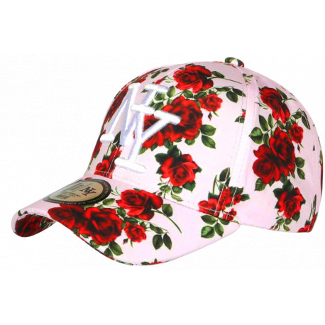 Casquette NY Roses Rouges Fond Rose Tropical Look Floral Exotique Aloha CASQUETTES Hip Hop Honour