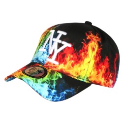 Casquette NY Orange et Bleue Print Flammes Streetwear Baseball Fire