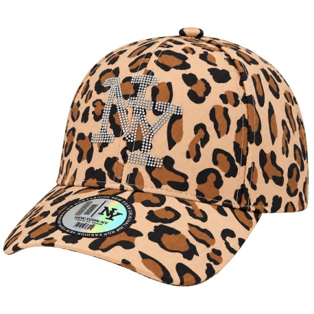 Casquette NY Léopard Beige Strass Brillants Visière Courbée Réglable