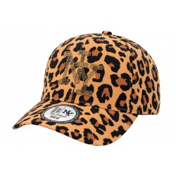 Casquette NY Léopard Beige Strass Dorés Homme Femme Réglable