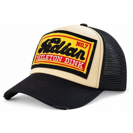 Casquette Trucker Indian Beige Noire Vintage Skeleton en Coton