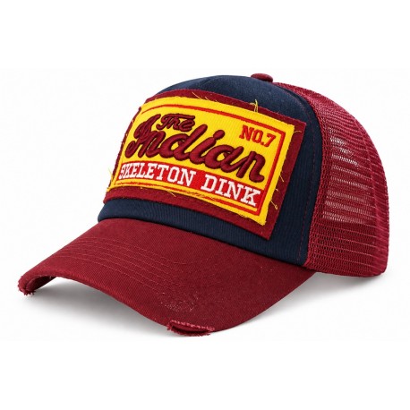 Casquette Trucker Indian Rouge Bleu Vintage Skeleton en Coton