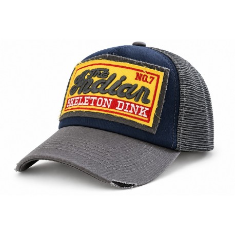 Casquette Trucker Indian Bleu Gris Vintage Skeleton en Coton