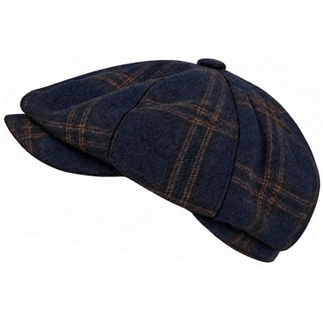 Casquette Gavroche Bleu Marine à Carreaux Marron Vintage