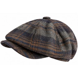 Casquette Gavroche à Carreaux Gris Bleu en Laine Vintage