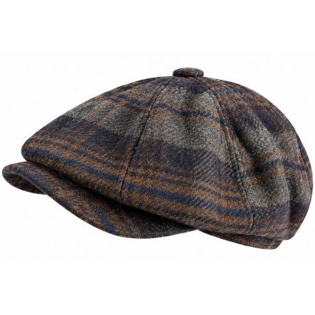 Casquette Gavroche à Carreaux Gris Bleu en Laine Vintage